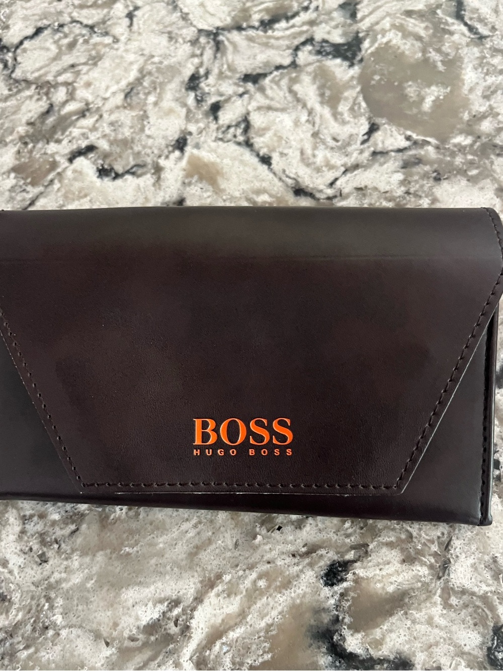 Hugo Boss Dark Brown Leather Eyeglass Case with Orange Logo